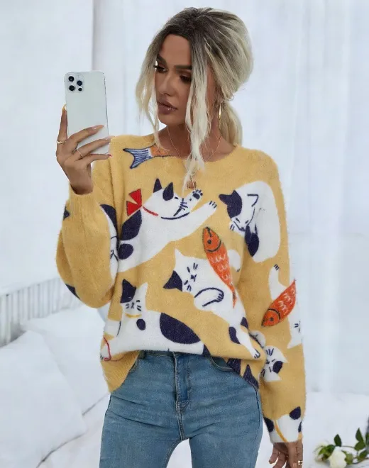 ND-25040 Yellow Cat & Fish Intarsia Knit Sweater