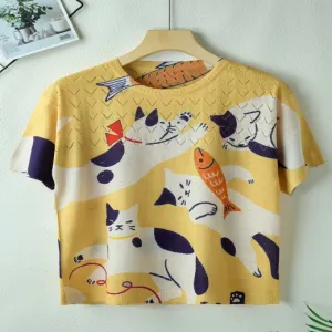 ND-NB24026 Yellow Cat and Fish Print Short Sleeve Top