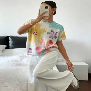 ND-NB23070 Multicolor Floral Print Short Sleeve Top