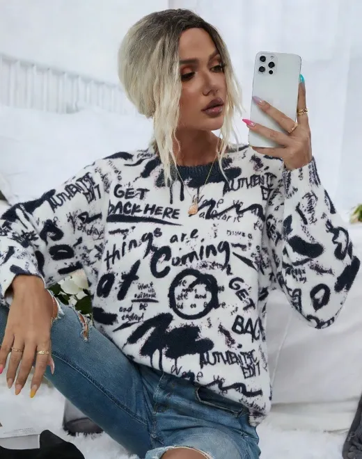 ND-25045 Graffiti Print Fuzzy Sweater