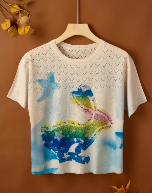 ND-24034 Colorful Dinosaur Print Short Sleeve Knit Top