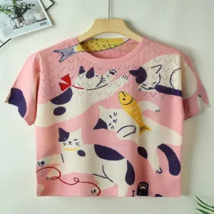 ND-NB24008 Pink Cat and Fish Print Short Sleeve Top