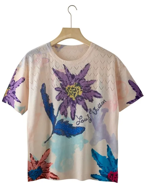 ND-NB23047 Floral Print Crochet Patchwork Short Sleeve Top