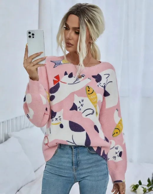 ND-25061 Pink Cat & Fish Intarsia Knit Sweater