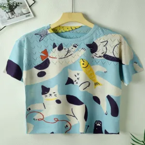 ND-NB24002 Blue Cat and Fish Print Short Sleeve Top