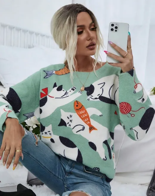ND-25035 Mint Green Cat Intarsia Knit Sweater