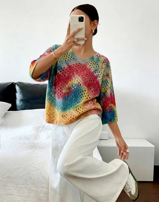 ND-25023 Rainbow Tie-Dye Crochet Hollow Out Blouse