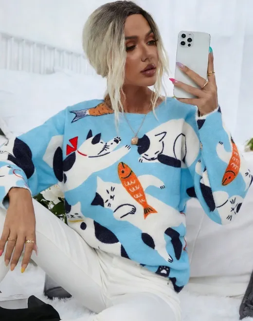 ND-25027 Blue Cat & Fish Intarsia Knit Sweater