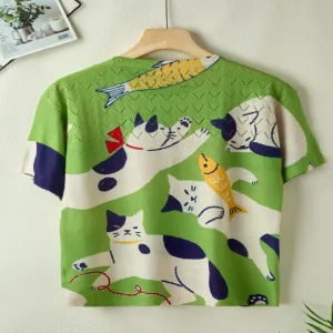 ND-NB24033 Green Cat Print Short Sleeve Knit Top