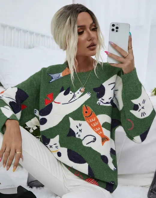 ND-25036 Green Cat & Fish Intarsia Knit Sweater