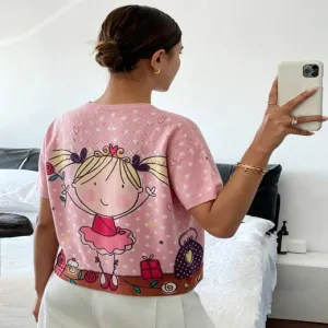 ND-NB23040 Pink Girl Print Short Sleeve Top