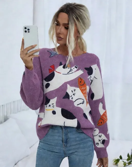 ND-25026 Purple Cat & Fish Intarsia Knit Sweater