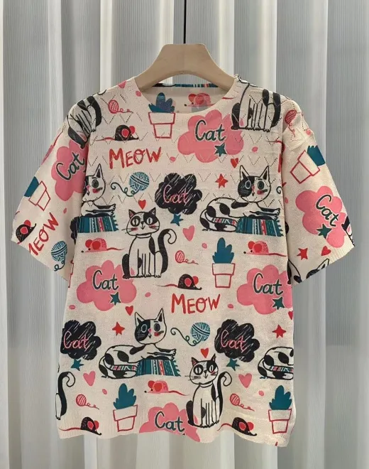 ND-25012 Cute Cat Print Short Sleeve Knit Top
