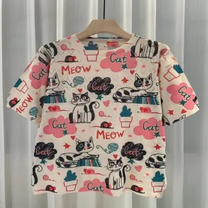 ND-25012 Cute Cat Print Short Sleeve Knit Top