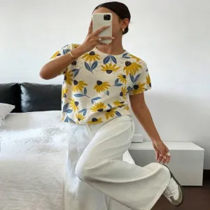 ND-24009 Sunflower Print Short Sleeve Knit Top