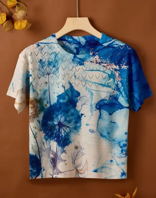 ND-24030 Blue Tie-Dye Dandelion Print Knit Top