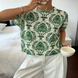 ND-24023 Green Vintage Floral Print Top