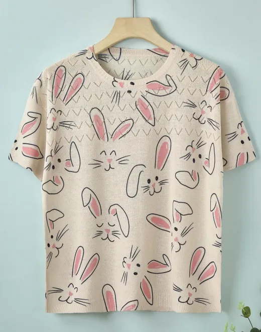 ND-NB24004 Cute Rabbit Print Short Sleeve Knit Top