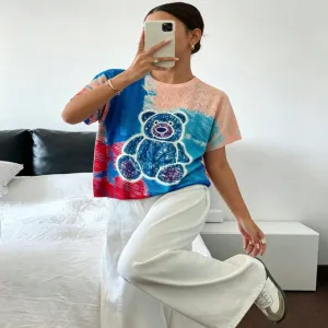 ND-24031 Blue Teddy Bear Print Knit Top