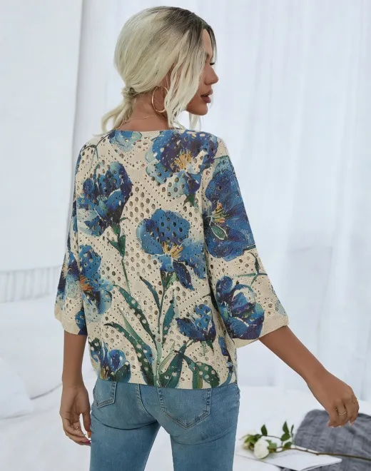 ND-25020 Blue Floral Crochet Hollow Out Blouse 