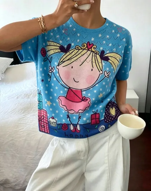 ND-24017 Blue Girl Print Short Sleeve Top