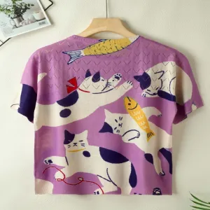 ND-NB24036 Purple Cat and Fish Print Short Sleeve Top