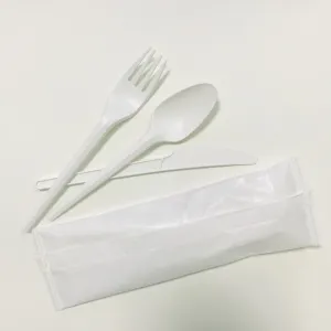 100% Compostable Individual Disposable Cutlery Set PLA Cutlery with Napkin Eco-Friendly PLA Film Pack