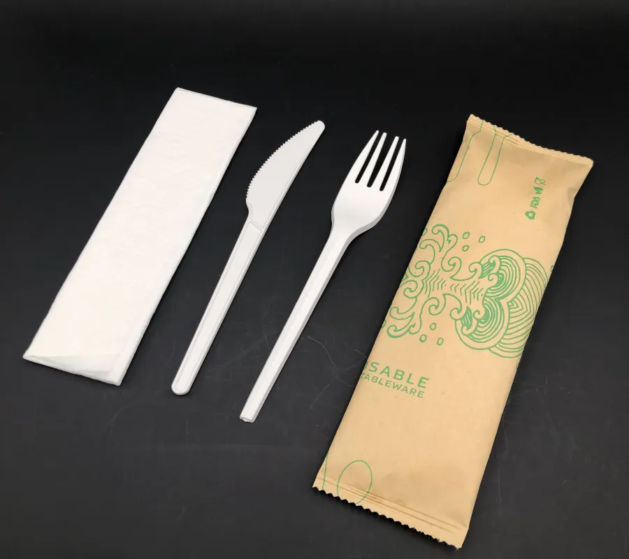 Biodegradable Disposable Cutlery Set Individual Paper Bag Packaging Napkin and Compostable Knife and Fork