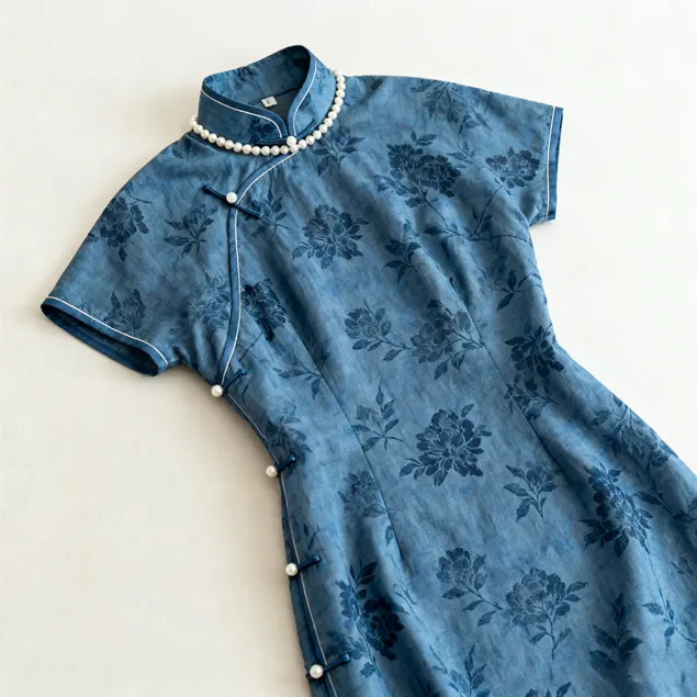 Lake blue jacquard xiabu cheongsam