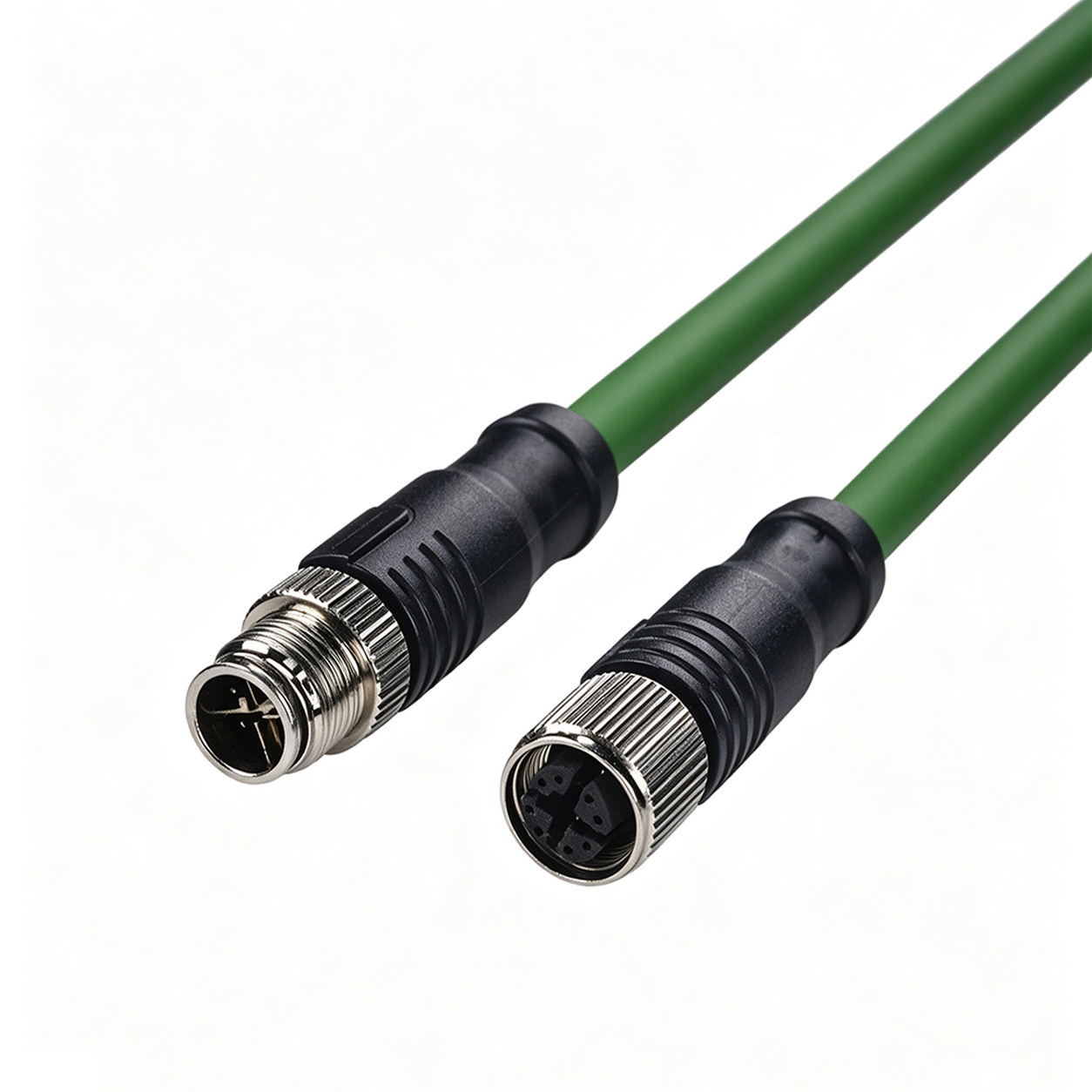 Overmoulded M12 X-coded 8-pin male connector on shielded industrial Ethernet cable