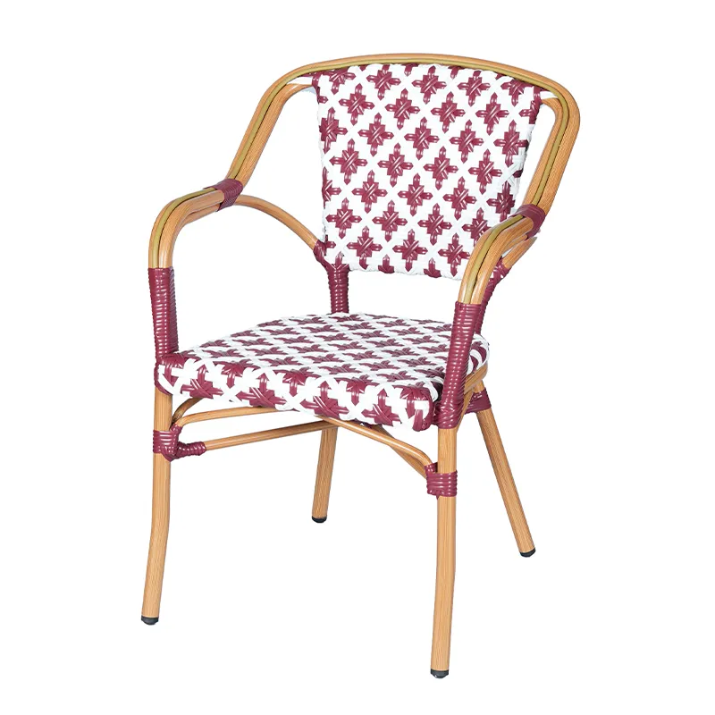 ZF2068C, a red and white special woven pattern garden chair with PE rattan armrests