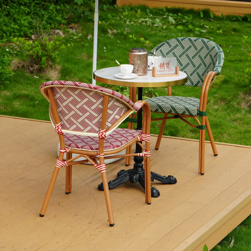 ZF3022C is equipped with an armrest teslin chair and a red garden chair for the courtyard