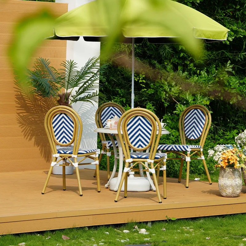 ZF2035C, armless concentric circle PE rattan chair with blue V-shaped pattern dining chair