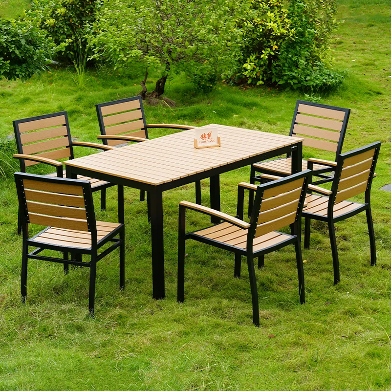 ZF1017C 4-6 Seats Garden Plastic Wood Table and Chair Set with Black Frame and Teak Color Matching
