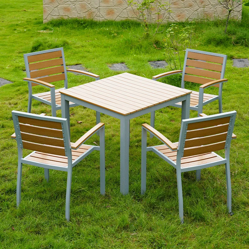ZF1017C 4-6 Seats Garden Plastic Wood Table and Chair Set with silver Frame and Teak Color Matching