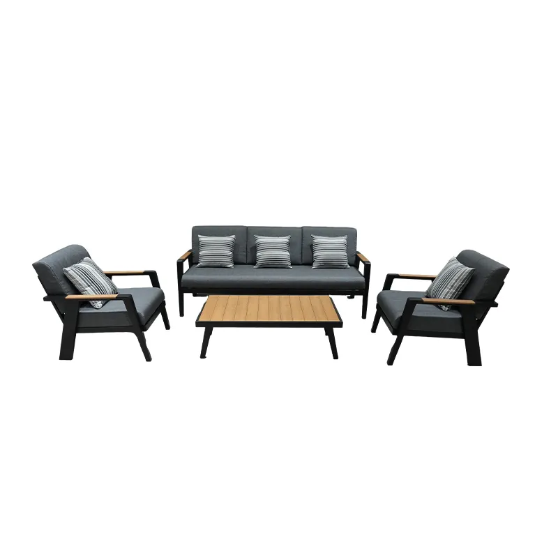Z9012SF CHOUVANT All-Aluminum Cushioned Sofa with Plastic wood Armrests & Matching Coffee Table