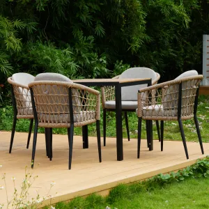 ZF2210C CHOUVANT Willow-Weave PE Rattan Chair (Black Aluminum Frame + Khaki Rattan + Cushions, Indoor/Outdoor Use)