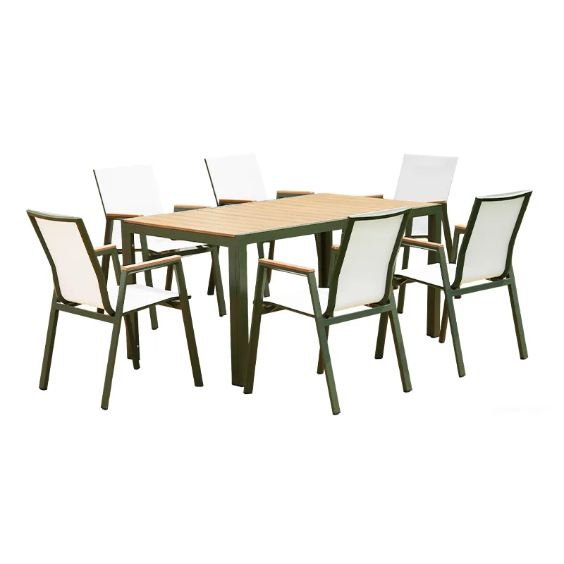 ZF3036C CHOUVANT FreshBreeze Textilene Mesh Chair Set (White Mesh + Green Aluminum Frame, 1 Table + 6 Chairs, Outdoor-Ready)