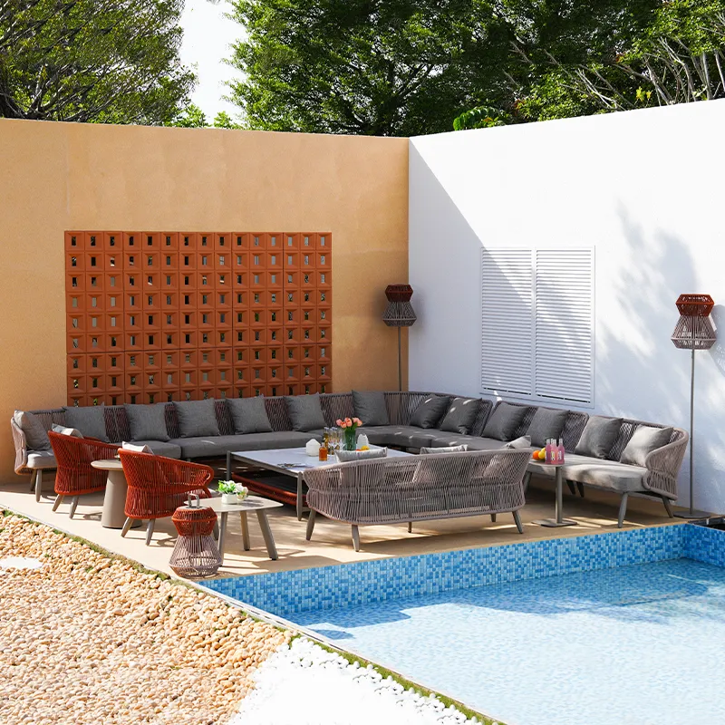 Lion Design VORTEX Two-color sofa paired with outdoor woven lamp