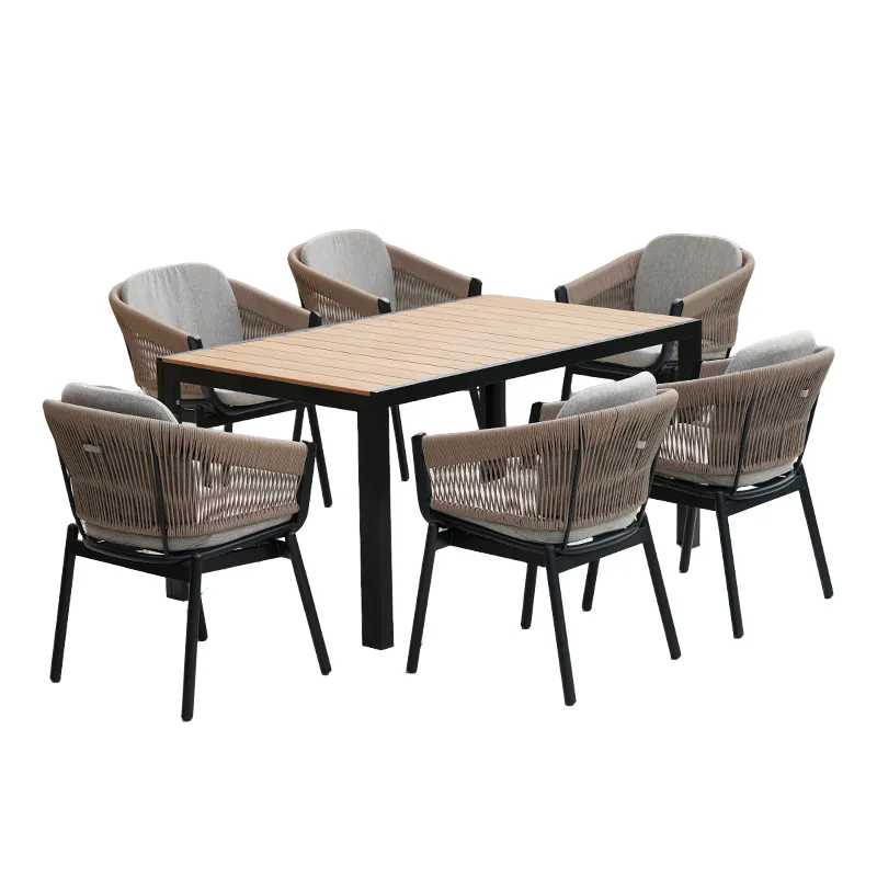 ZF9099C CHOUVANT TeakTex Aluminum-Frame Dining Set (Textilene Rope + Cushions + Pillows, 1 Table + 4/6 Chairs) 