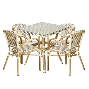 ZF2100C WarmTone Woven Rattan Dining Set (Beige & Khaki Armrest Design, 1 Table + 4 Chairs, Indoor-Outdoor Use)