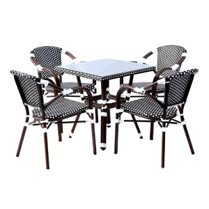ZF2100C DuoTone Woven PE Rattan Set (Black & White Armrest Design, 1 Table + 4 Chairs, Indoor-Outdoor Use)