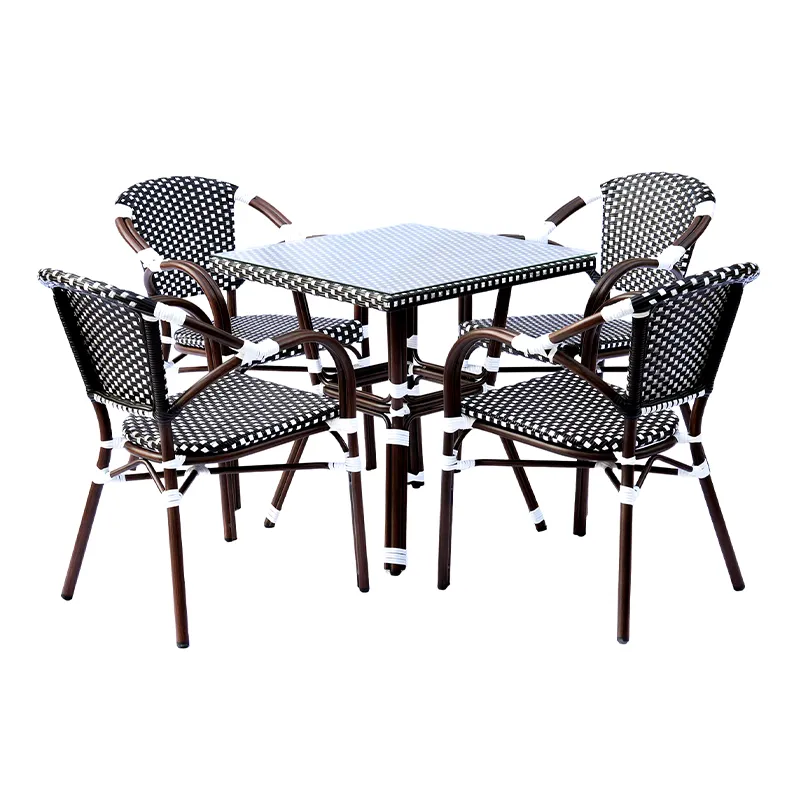 ZF2100C DuoTone Woven PE Rattan Set (Black & White Armrest Design, 1 Table + 4 Chairs, Indoor-Outdoor Use)