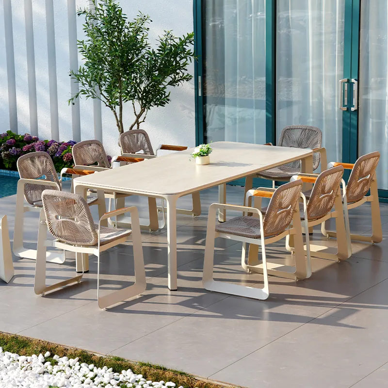 Lion Design MORPHX Rope Dining Set (Champagne High-Elastic Cable, Cream Aluminum Frame, Solid Teak Armrests, 1 Table + 4/6 