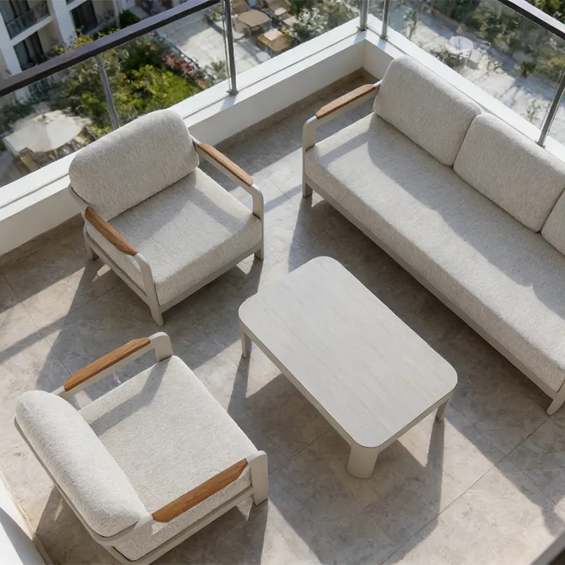 Lion Design THALENT Modern Minimalist Beige Aluminum Frame Sofa Set (Rock Plate Coffee Table + Waterproof Cushions & Pillows)