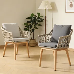 Oak Leg Rope Weave Dining Chair (Aluminum Frame + Waterproof Cushions & Pillows, Indoor-Outdoor Use)