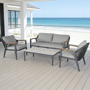 Plastic Wood Armrest Aluminum Frame Cable Back Sofa Set (1 Single + 1 Loveseat + 1 Coffee Table, Waterproof Cushions
