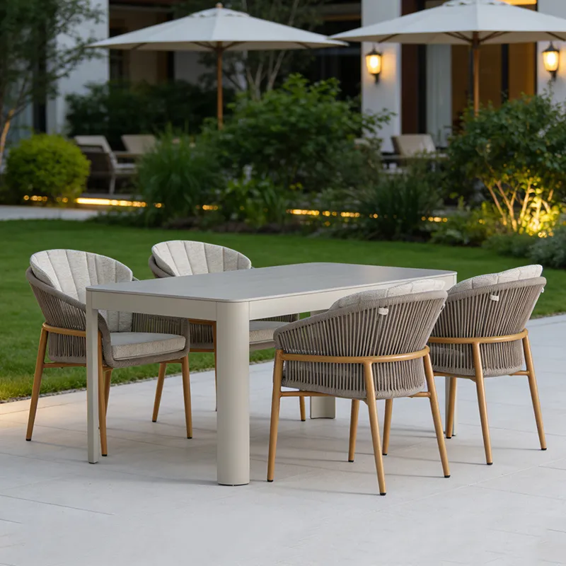 Lion Design Halo Rope Weave Dining Set (4 Chairs + 1 Table,Waterproof Cushions & Backrests)