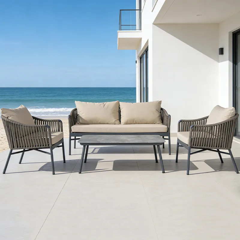 Teslin Cable Sofa Set (2 Single + 1 Loveseat + 1 Coffee Table, Waterproof Cushions & Aluminum Frame)