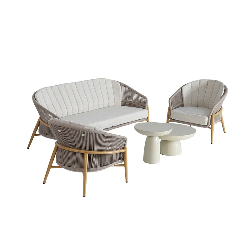 Lion Design HALO Rope Weave Sofa Set (Aluminum Wood Grain Frame + Waterproof Seat & Back Cushions, Indoor-Outdoor Use)